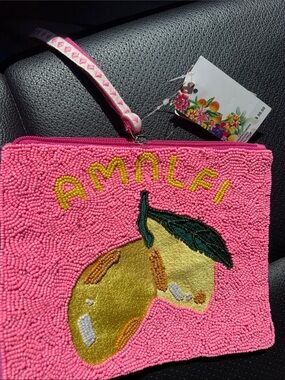 Amalfi Pink Beaded Wristlet Clutch with Yellow Fruit Motif